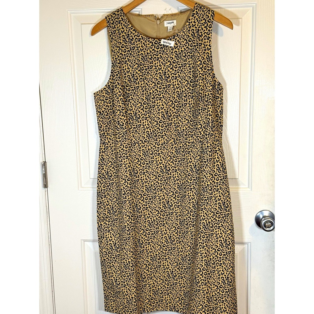 J.CREW Beige/Black Leopard Animal Print Sheath Dress Size 14 Sleeveless Zip New